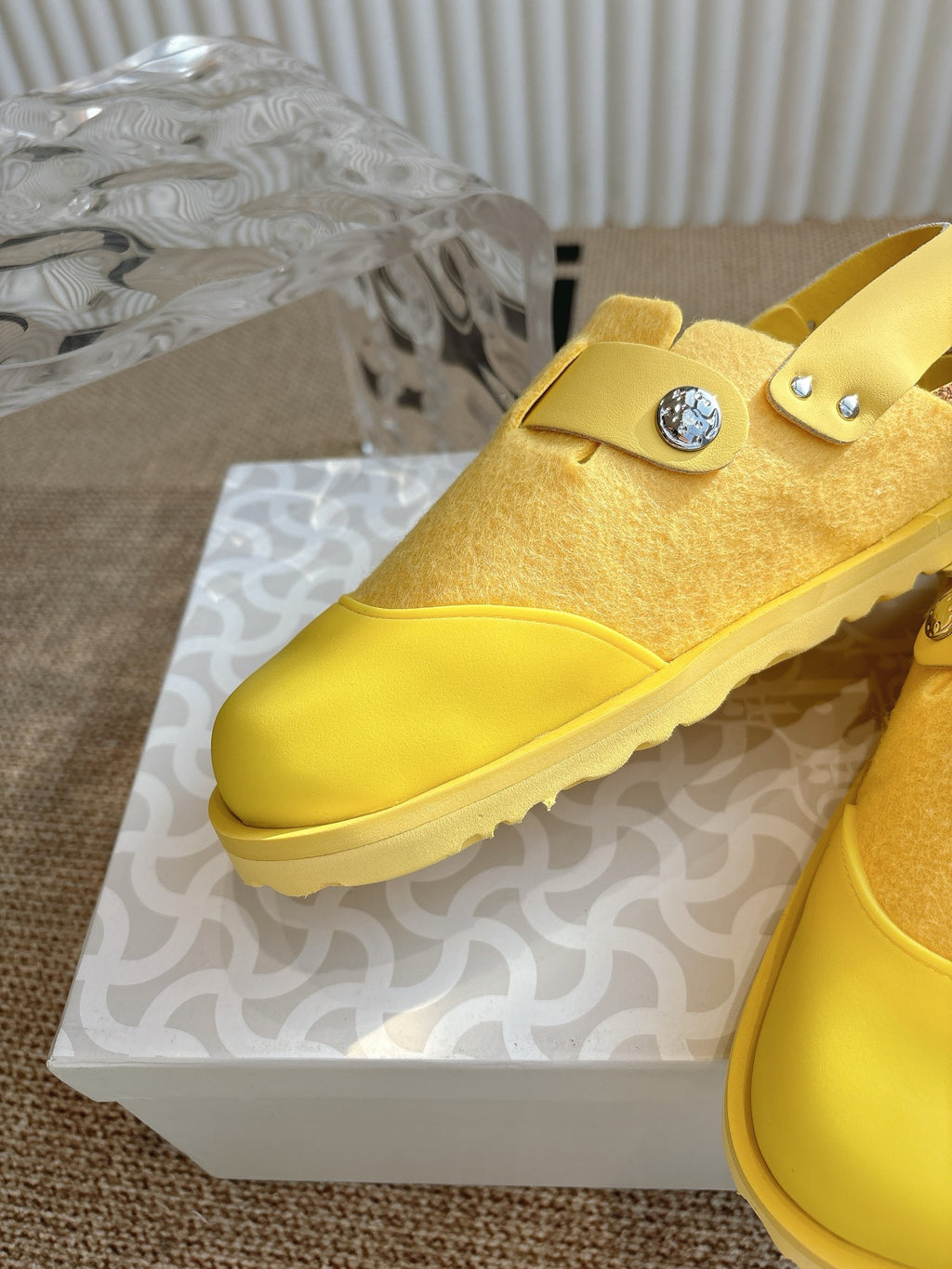 Dior unisex yellow slip-on shoe upper with round logo stud and strap