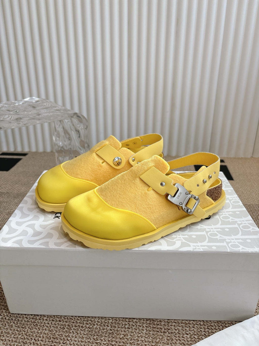 Dior unisex yellow slip-on shoes with cross strap and silver buckle