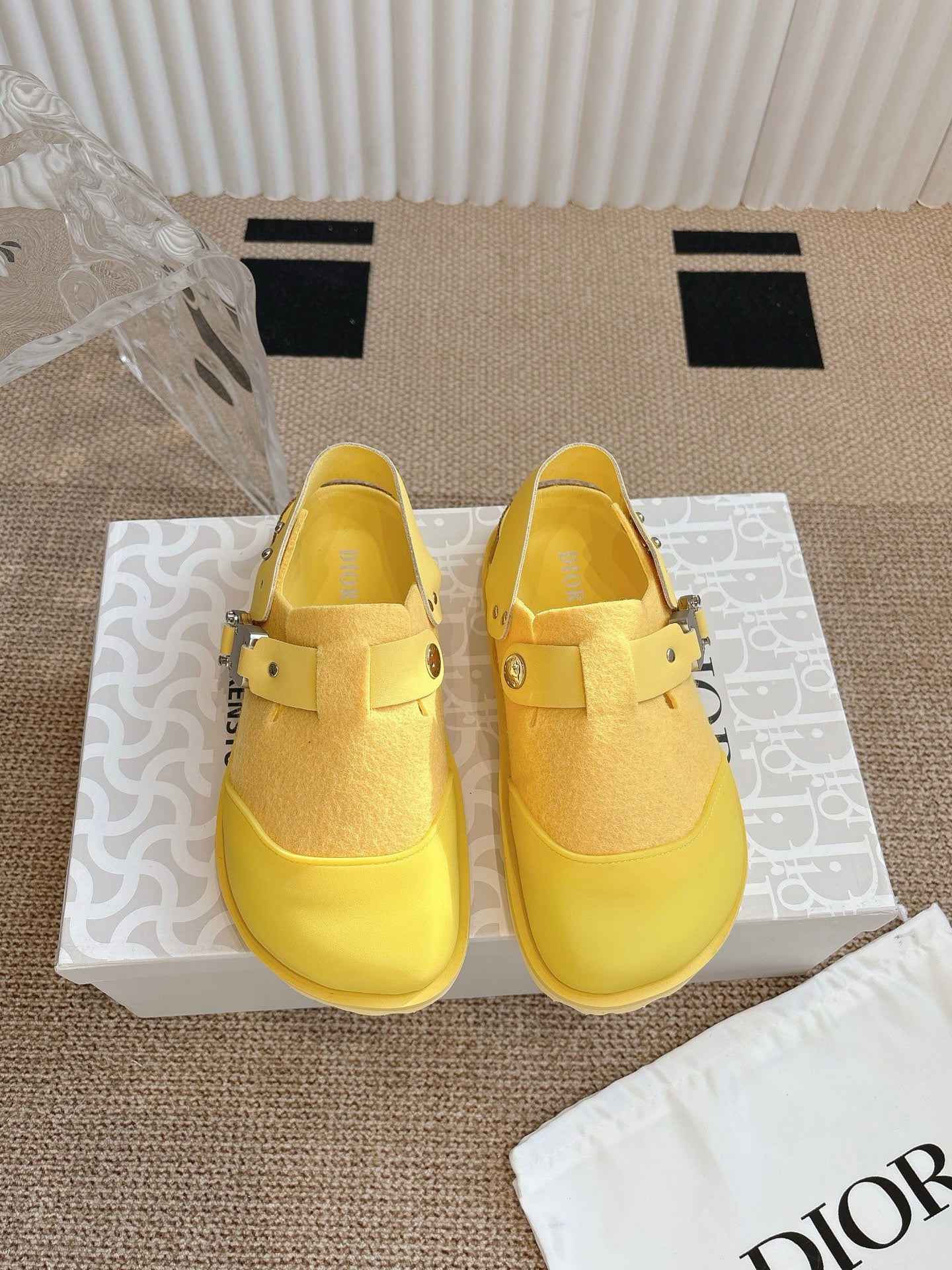Dior unisex yellow slip-on shoes with adjustable buckle strap and stud detail