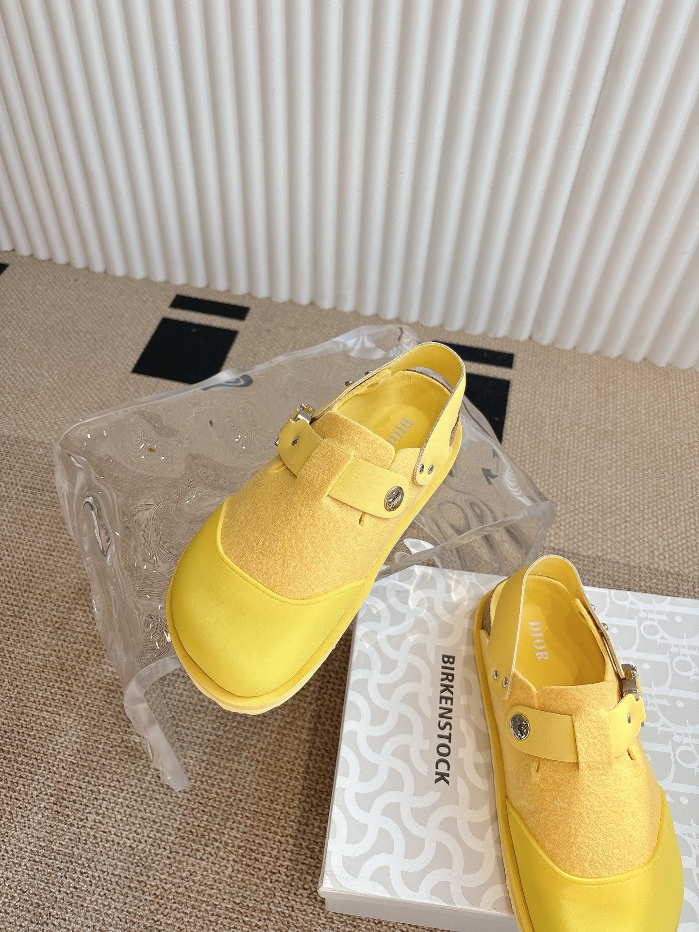 Dior unisex yellow slip-on shoes with buckle strap and metal hardware
