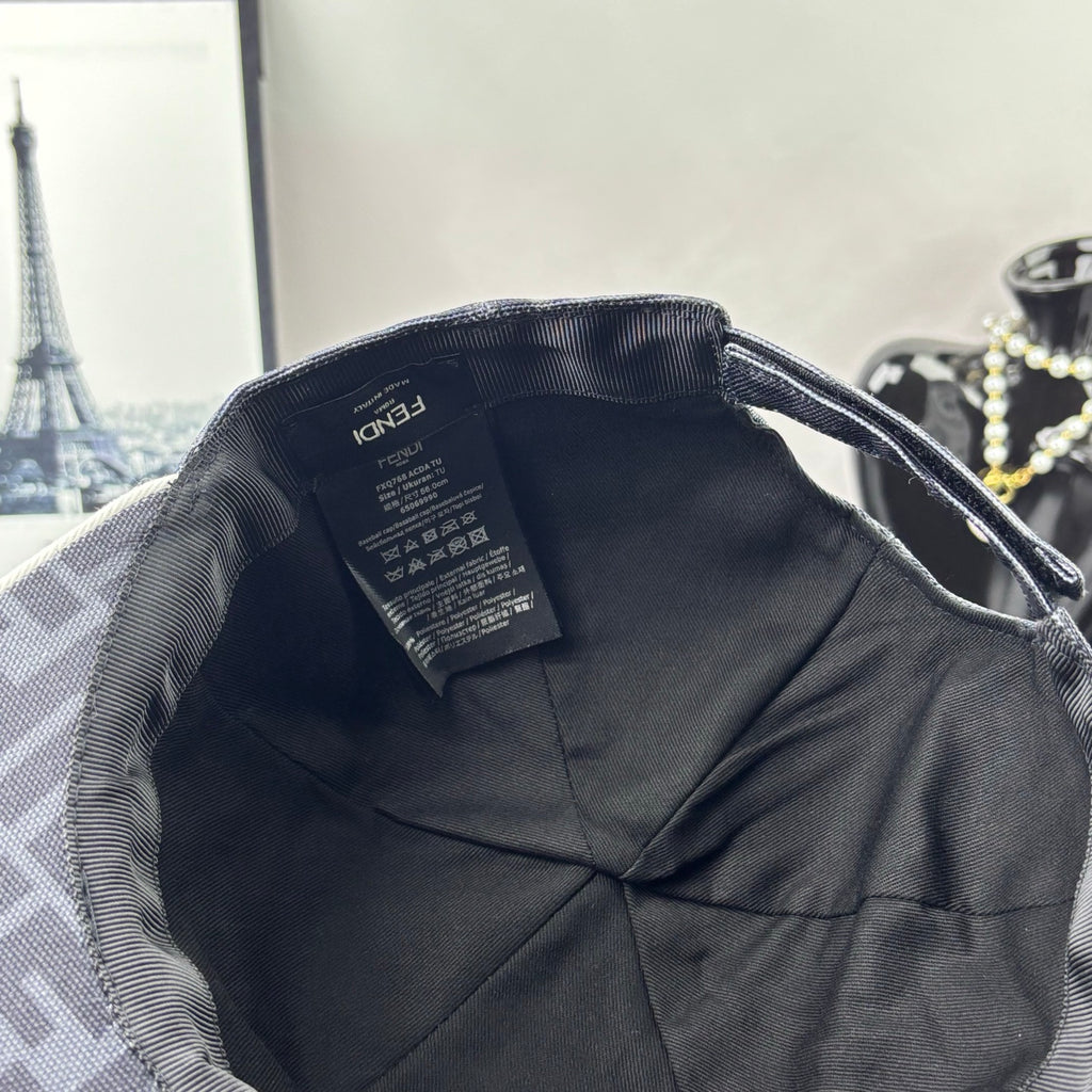 Gray FF monogram cap interior with black lining and label tag