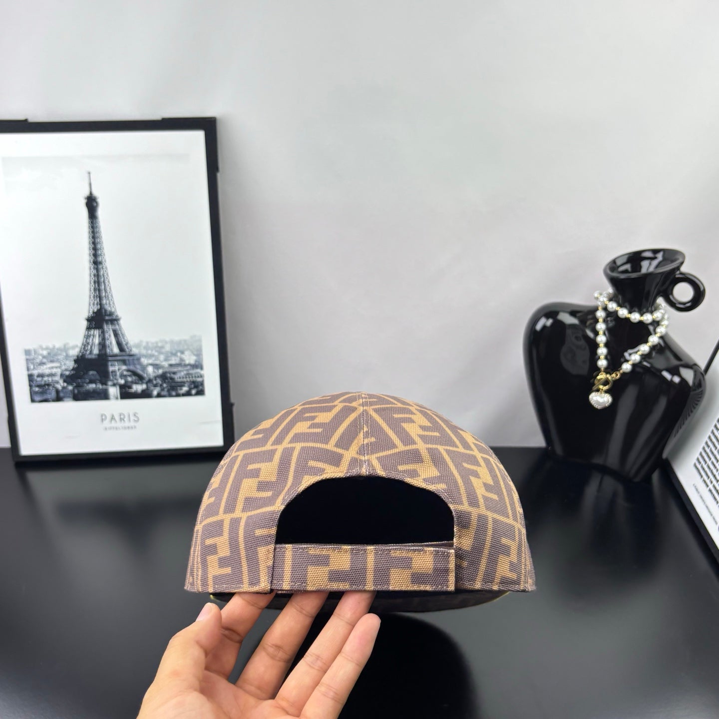 Fendi monogram baseball cap in tan, FF print with black inner band