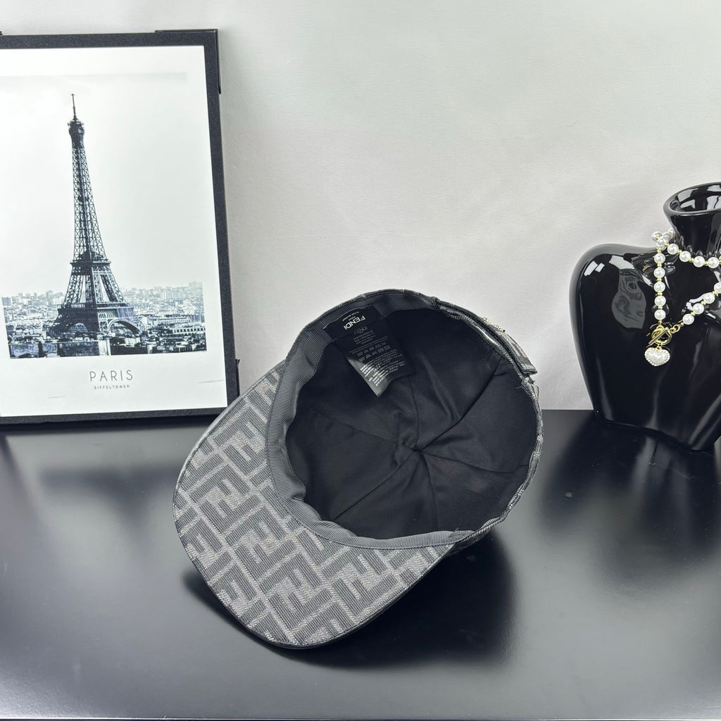 Gray FF monogram cap interior view with black lining and tag