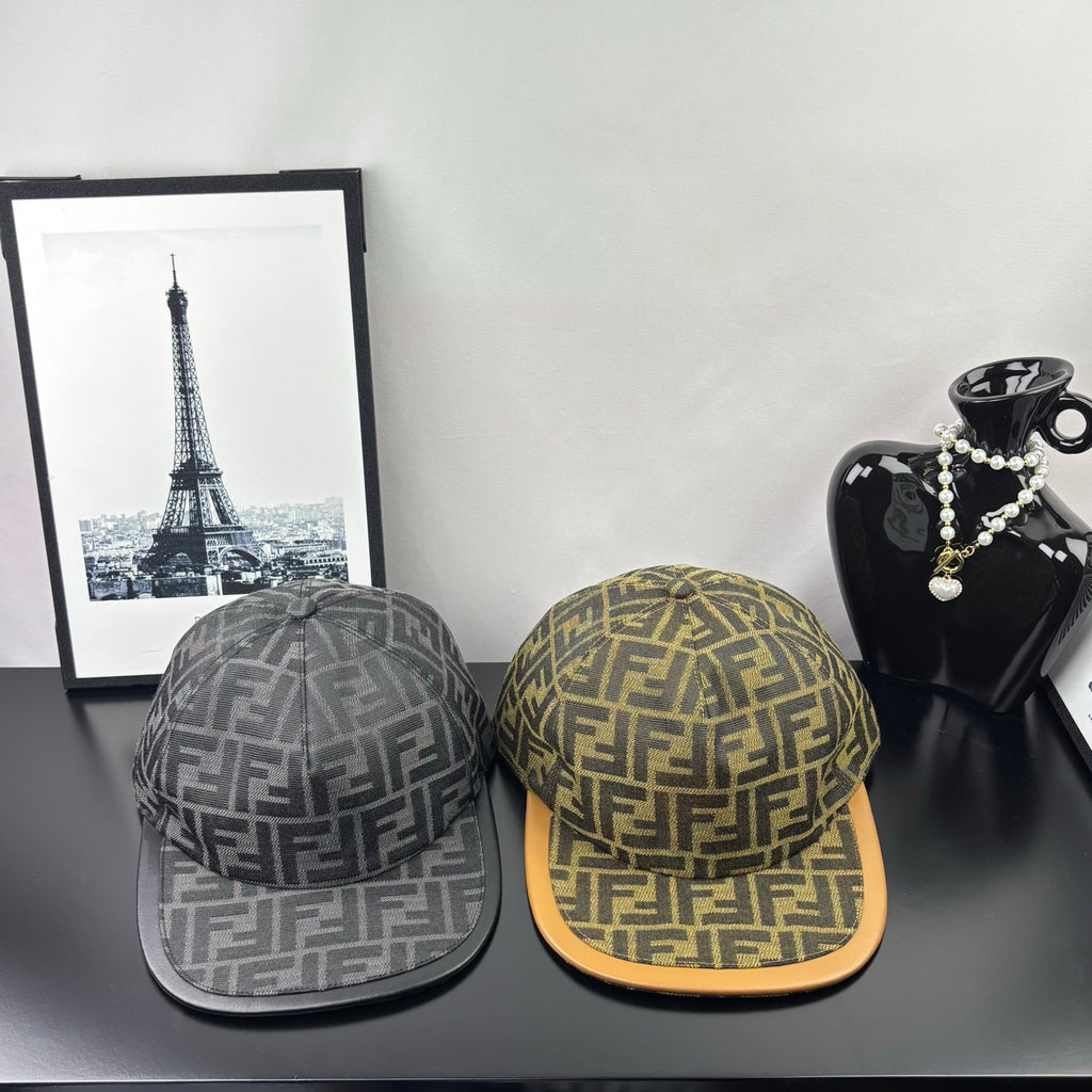 Fendi logo-pattern caps set: olive brown and gray with tan underside brim