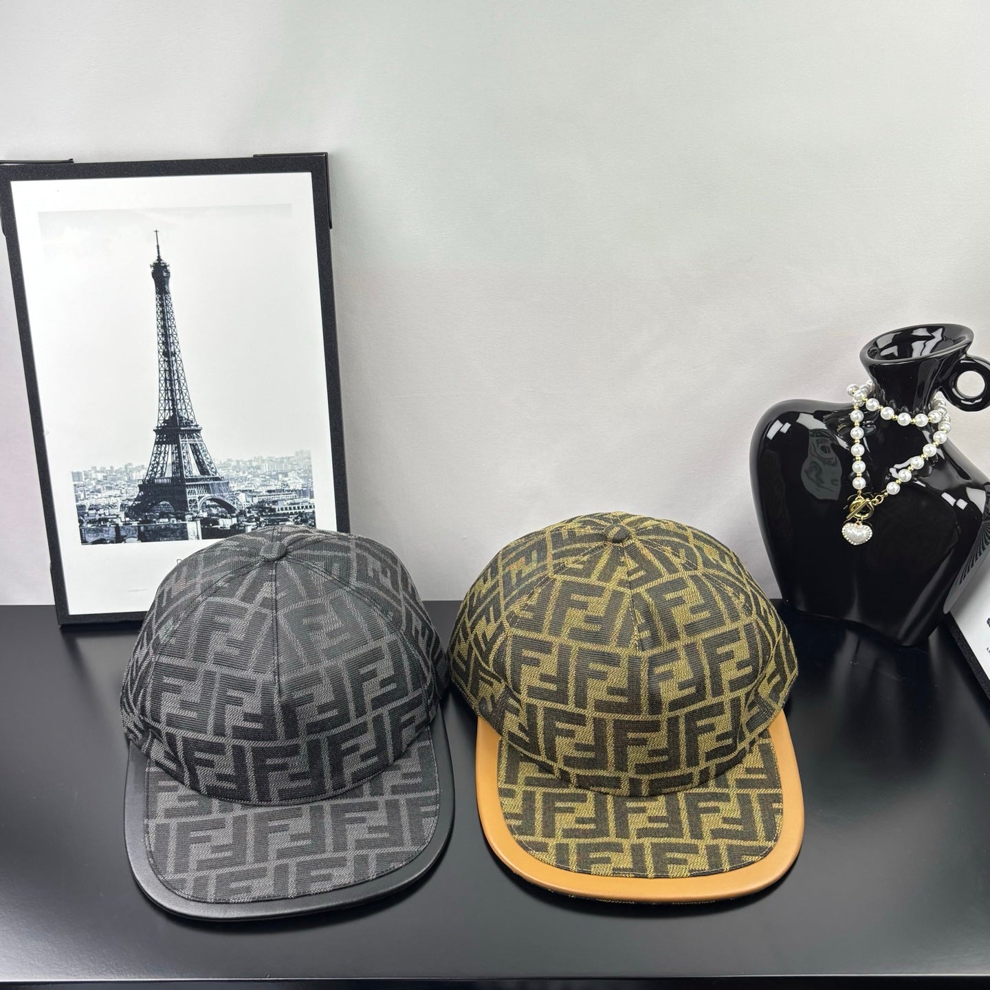 Fendi logo-pattern caps set: olive brown and gray with tan underside brim