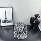 Fendi cap with white FF monogram pattern and black trim, curved brim