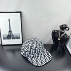 Fendi cap with repeating FF monogram pattern, white base and black brim trim