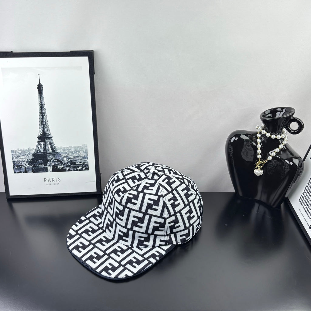 Fendi cap with repeating FF monogram pattern, side view on display