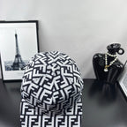 Fendi cap close-up of FF monogram pattern in white and black