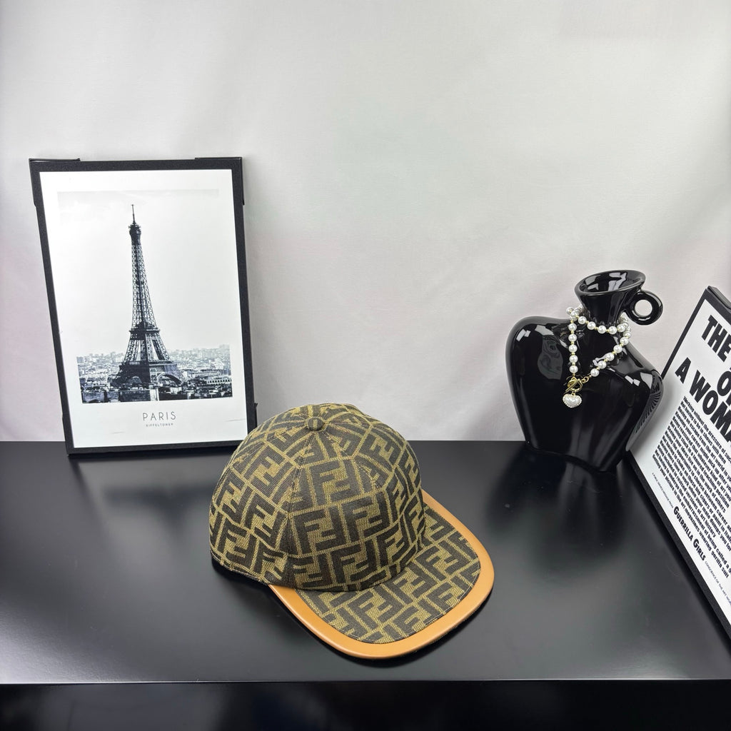 Fendi logo-pattern cap in olive brown with tan-trim brim, side view