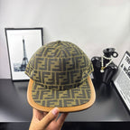 Fendi logo-pattern cap in olive brown with tan brim, front close-up