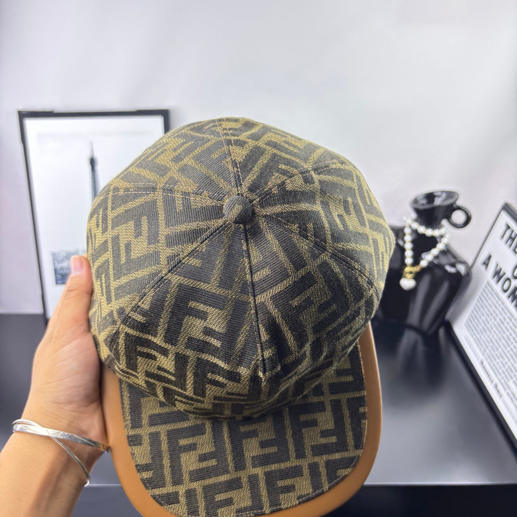 Fendi logo-pattern cap in olive brown with tan underside brim, crown detail