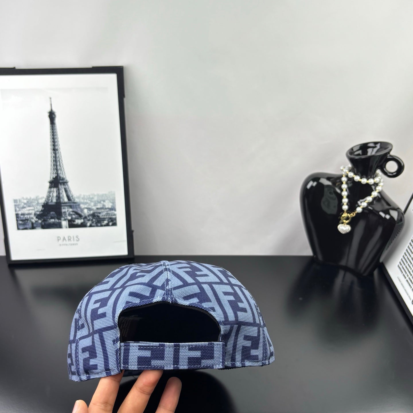 Fendi cap in blue with white FF monogram pattern, back view with opening