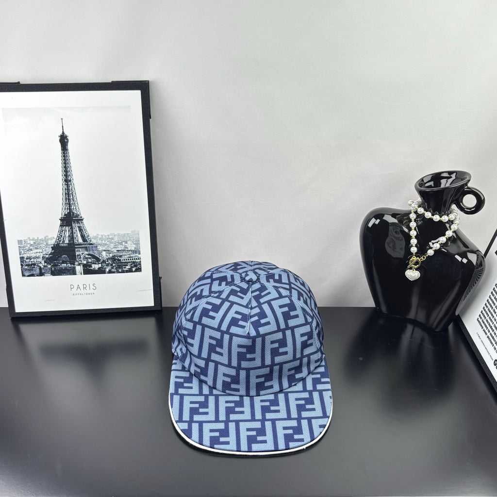Fendi cap in blue with white FF monogram pattern, curved brim