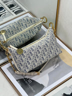 Small crossbody bag with blue-and-white monogram print, gold hardware, curb chain strap.