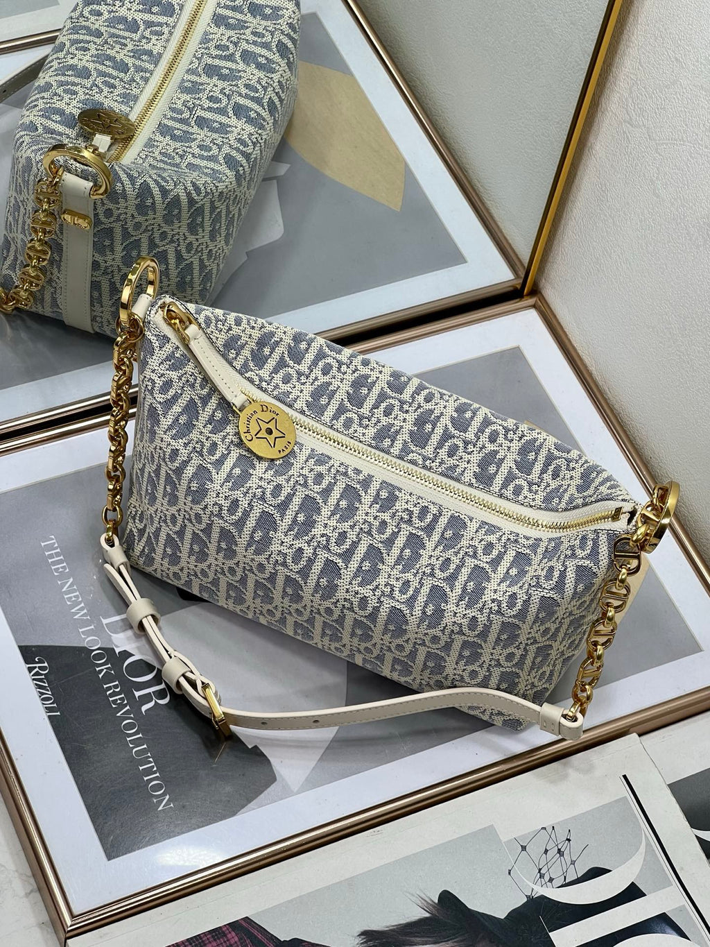 Mini shoulder bag with blue-and-white monogram print, gold chain strap and zipper pull.