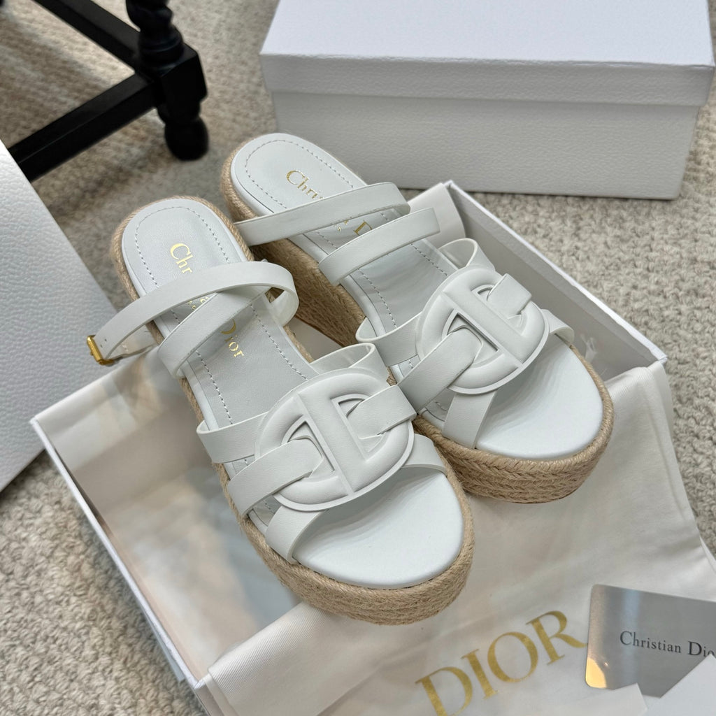 Espadrille wedge sandals with white leather straps and gold-tone buckles, open toe