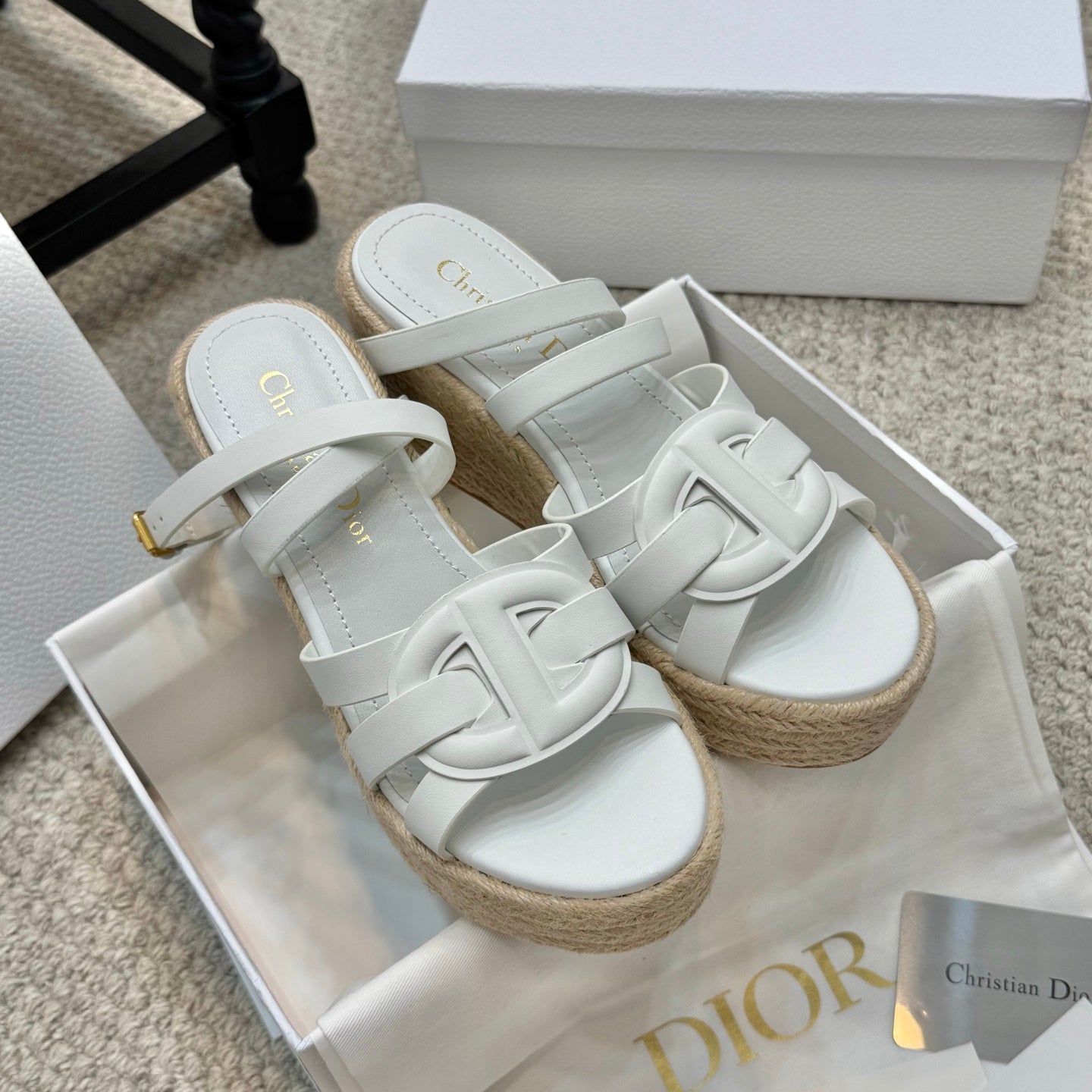 Espadrille wedge sandals with white leather straps and gold-tone buckles, open toe