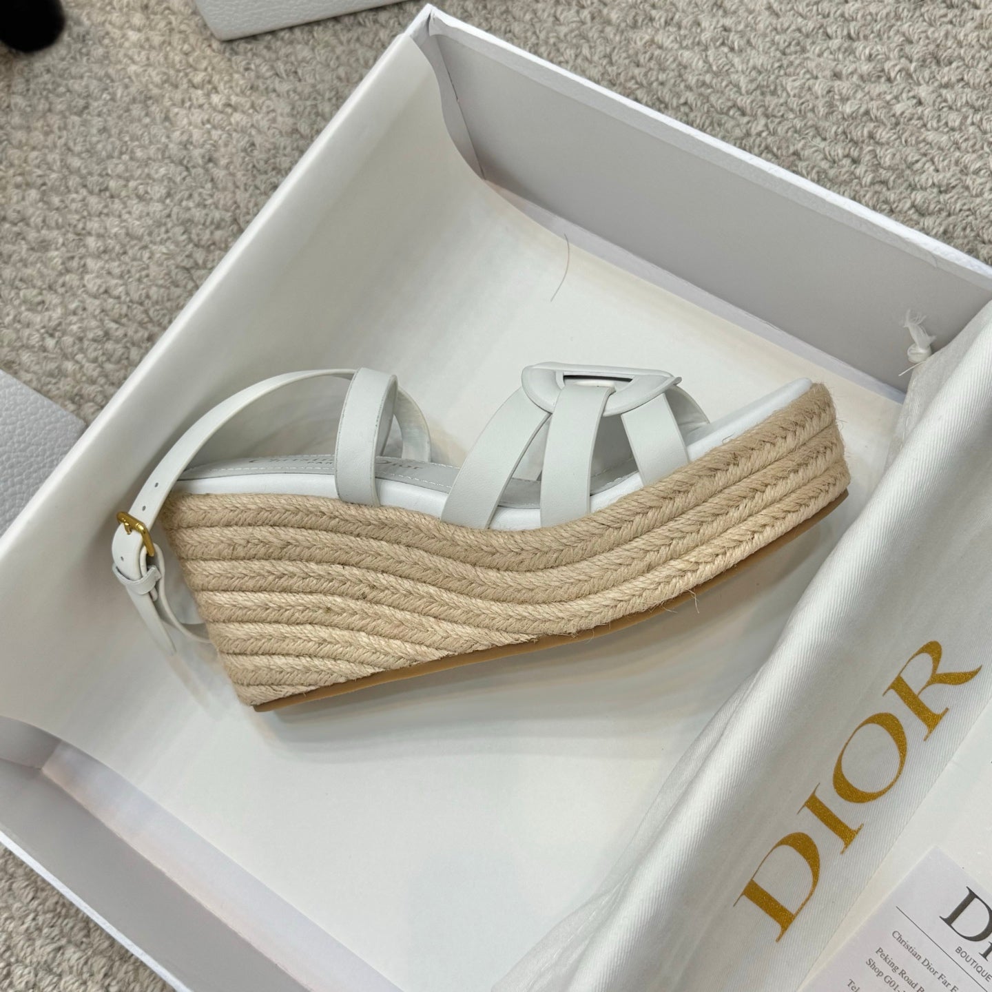 Espadrille wedge sandals with braided jute wedge and white slide straps