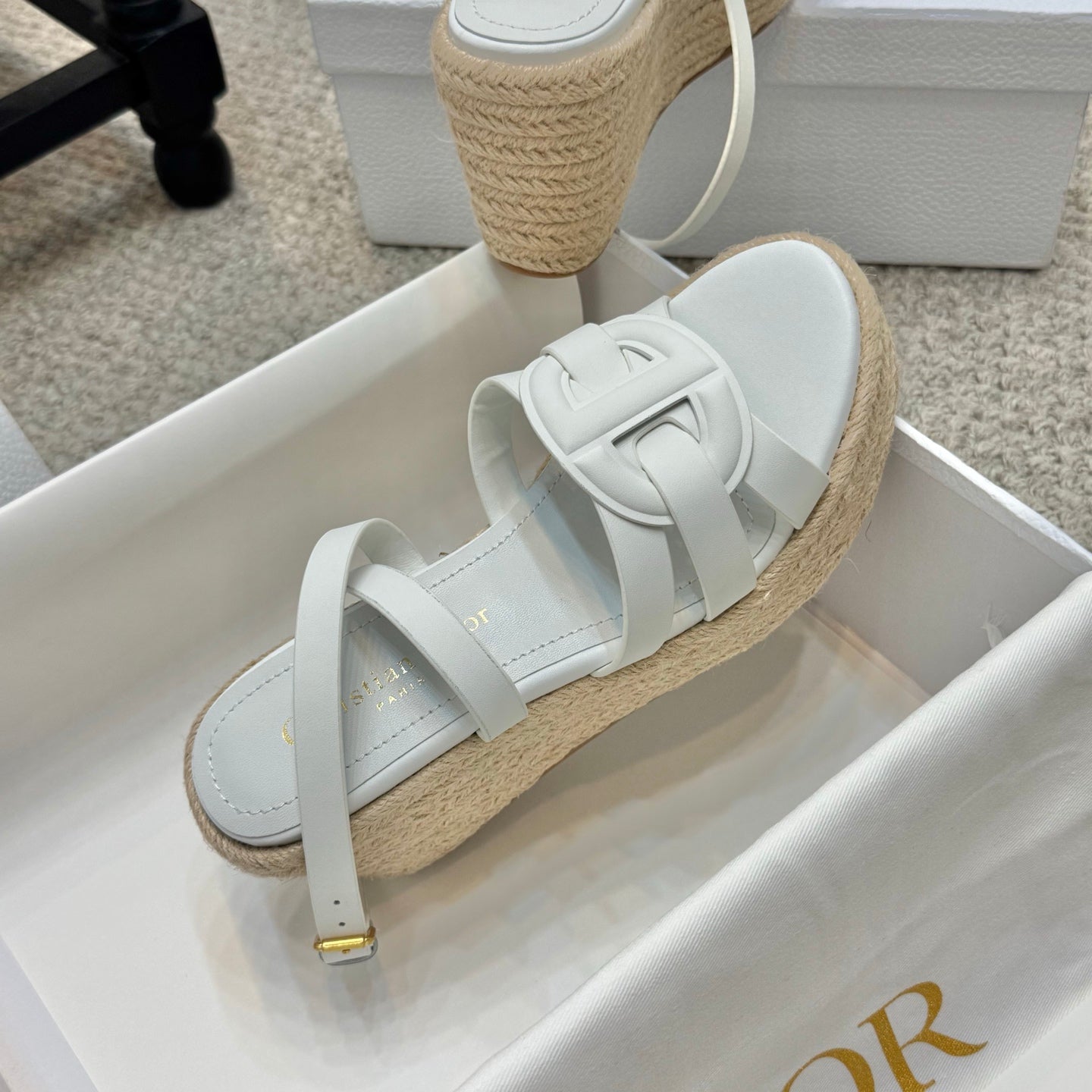 Espadrille wedge sandals in white with ankle strap and braided jute wedge platform