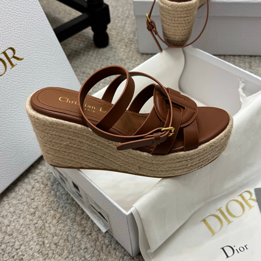 Tan leather espadrille wedge sandals with wide straps and espadrille platform