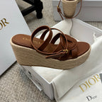 Tan leather espadrille wedge sandals with wide straps and espadrille platform