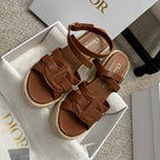 Tan espadrille wedge sandals in box, double strap design with gold buckle