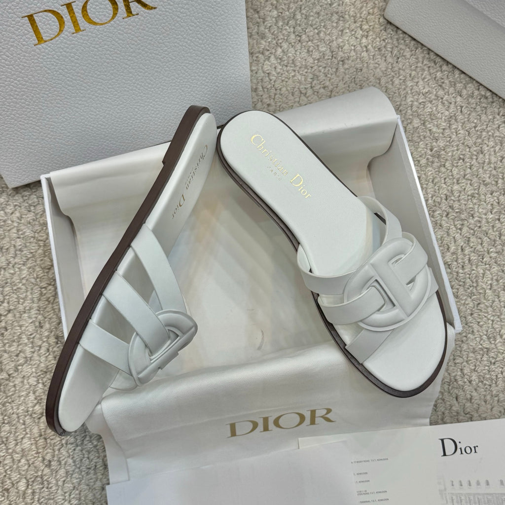 White Dior slide mules in gift box with wide strap and dark sole edge
