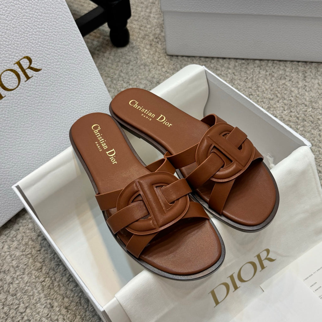 Brown leather Dior slide sandals with open toe and double strap detail