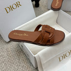 Brown leather Dior slide sandal, side profile with wide double straps