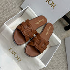Brown leather Dior slide sandals, open toe with decorative double straps