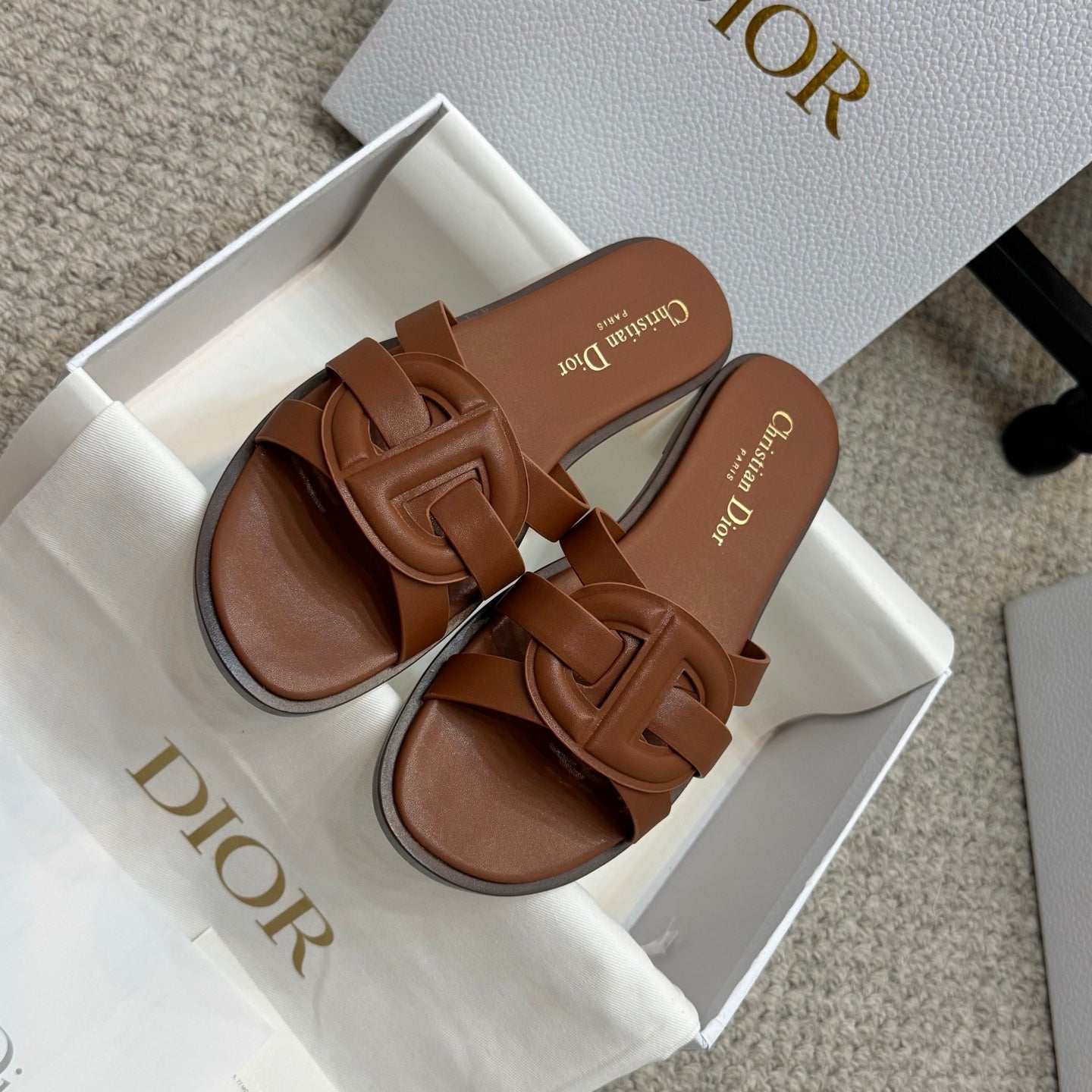 Brown leather Dior slide sandals, open toe with decorative double straps