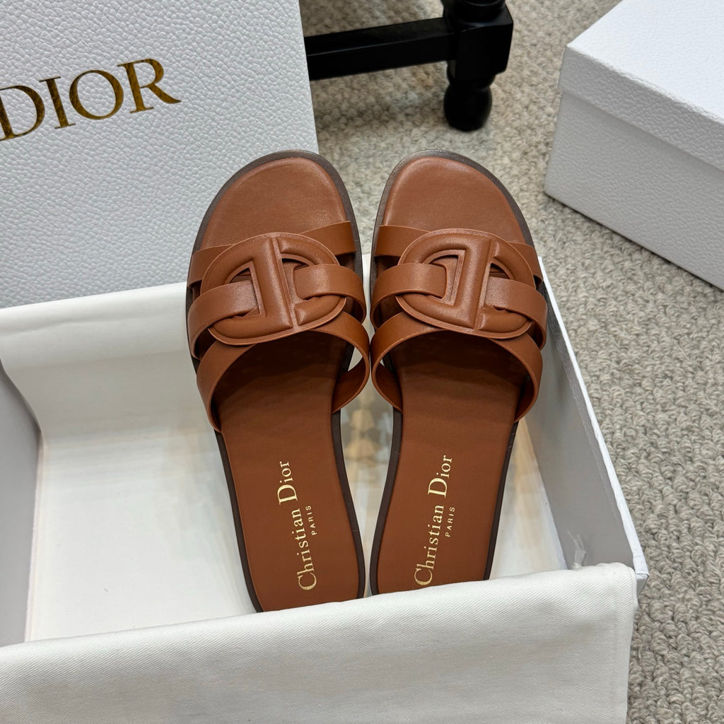 Brown leather Dior slide sandals pair, open toe and knotted strap detail