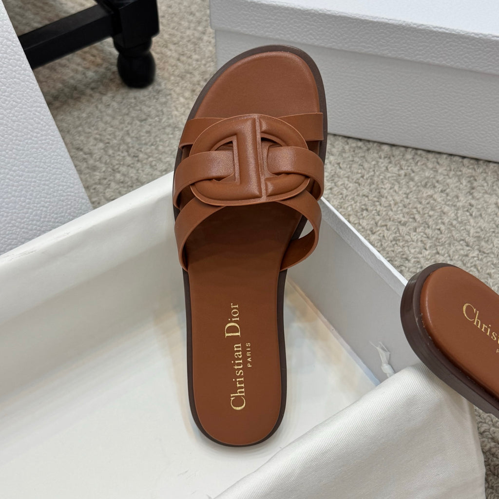 Brown leather Dior slide sandal, single shoe with arched strap and printed footbed