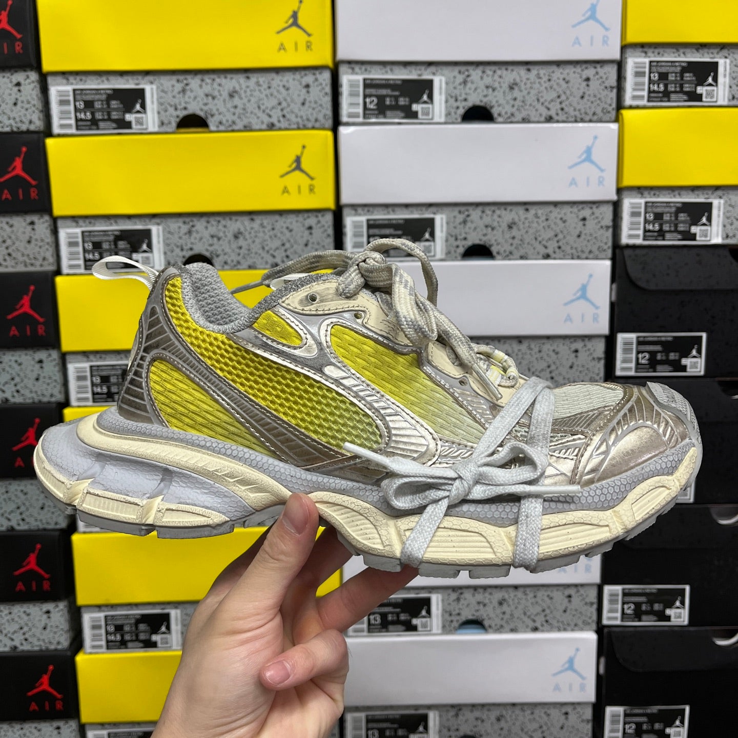 Balenciaga unisex sneakers, metallic gray with yellow side stripe and gray laces