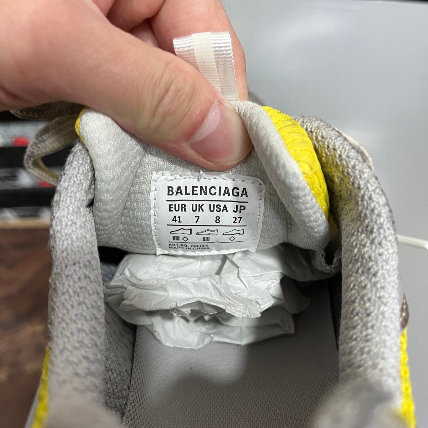Balenciaga unisex sneakers size tag, “EUR” label with size 41 on gray tongue
