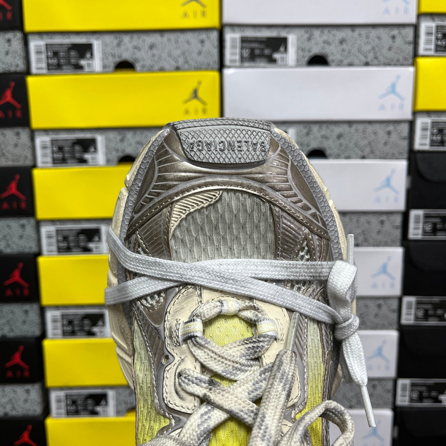 Balenciaga unisex sneakers heel and tongue, metallic gray mesh with yellow accents