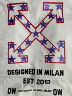Off-White white T-shirt with star X graphic and "DESIGNED IN MILAN EST 2013"