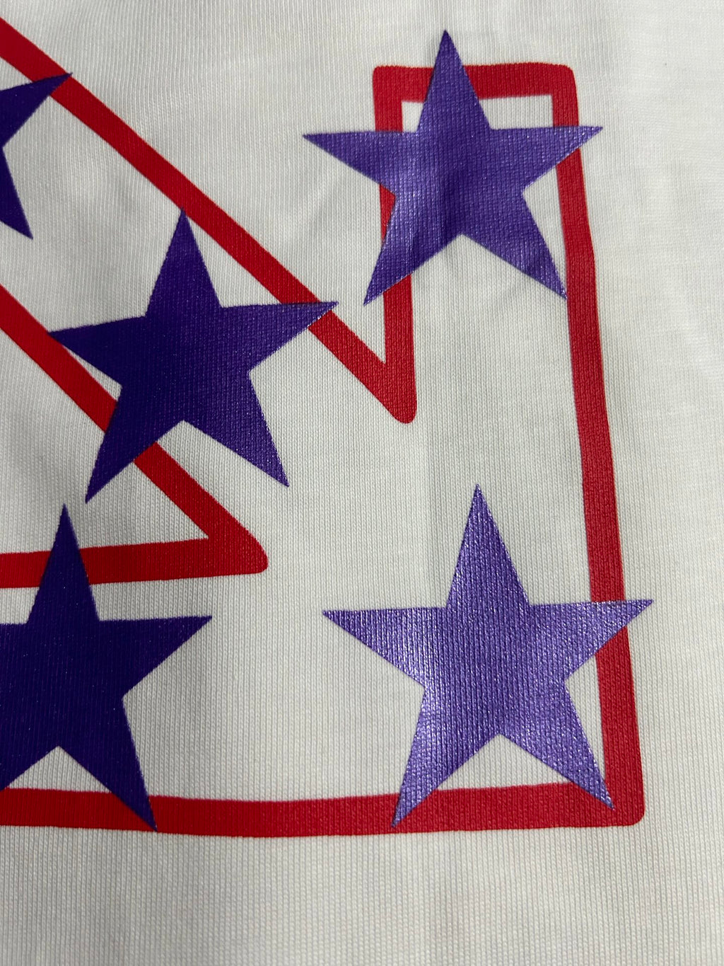 Off-White white T-shirt with purple stars and red-and-blue border graphic