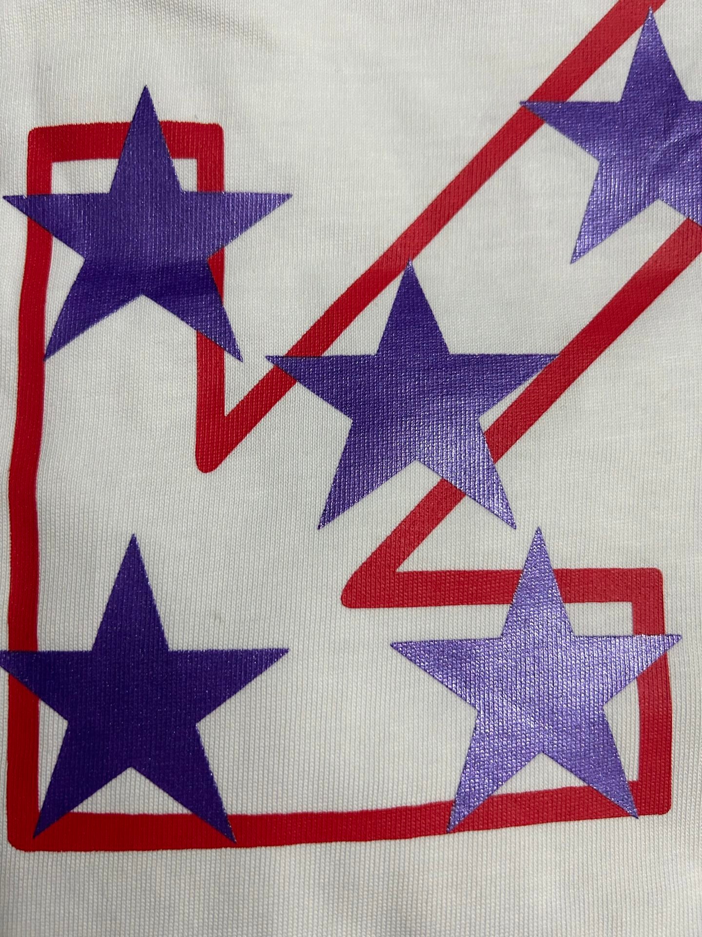 Off-White white T-shirt with purple stars and red-and-blue frame graphic
