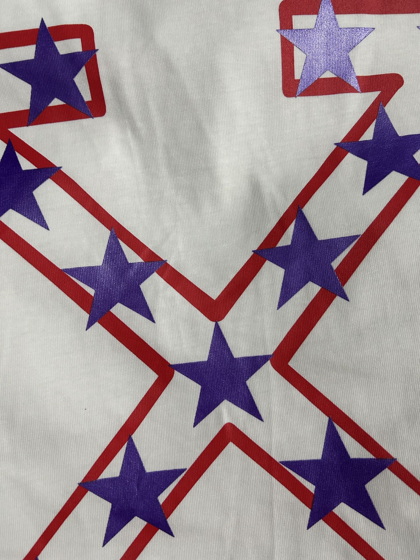 Off-White white T-shirt with star X graphic in purple and red-and-blue lines