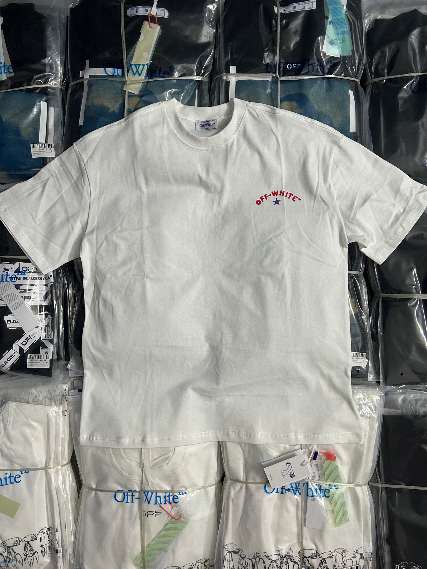 Off-White white T-shirt with small chest logo and crew neck