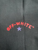 Black T-shirt with red Off-White lettering and purple star emblem