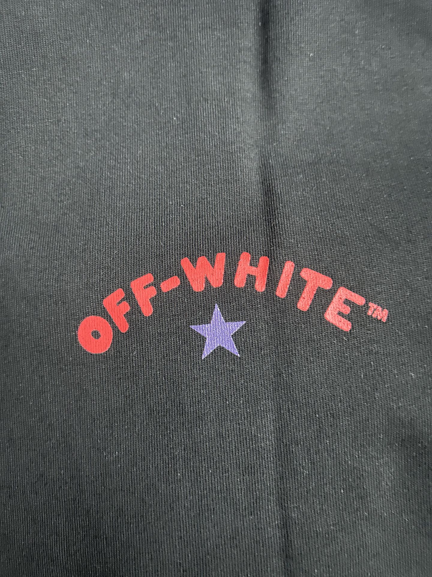 Black T-shirt with red Off-White lettering and purple star emblem