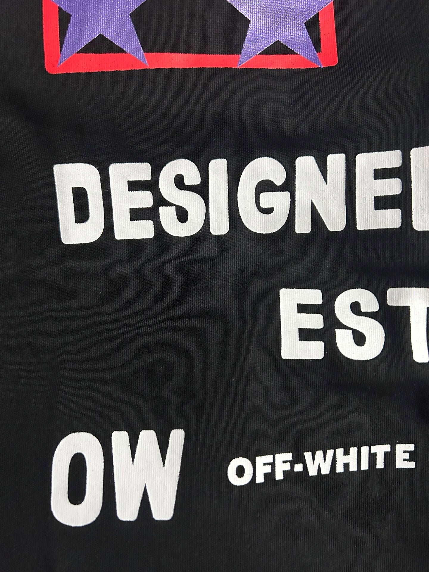 Black T-shirt text graphic: 'DESIGNED IN MILAN EST 2013' and 'OW OFF-WHITE' 