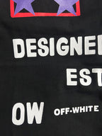 Black Off-White T-shirt close-up: 'DESIGNED IN MILAN EST 2013' and 'OW'