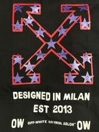 Black Off-White T-shirt front with red X graphic, stars, and 'DESIGNED IN MILAN'