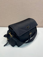 Prada nylon messenger bag with flap, dark navy and gold-tone closure