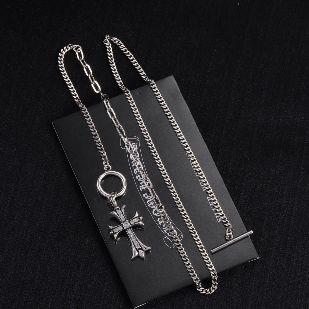 Silver-tone cross pendant necklace with oval ring clasp and link chain