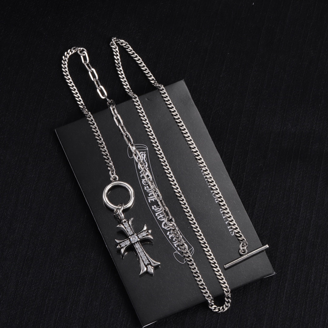 Silver-tone cross pendant necklace with oval ring clasp and link chain